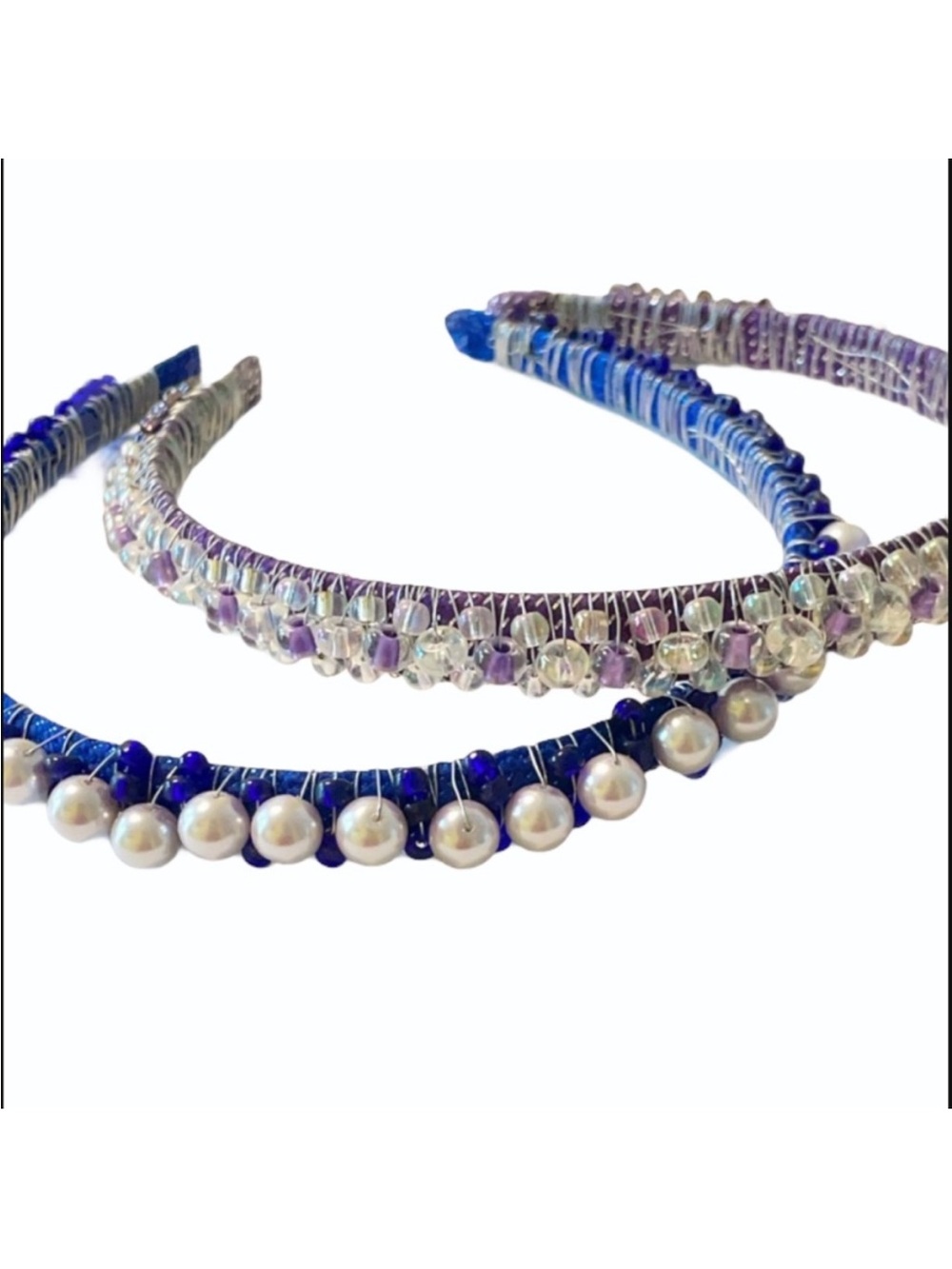 Handmade blue purple beaded headband bundle set